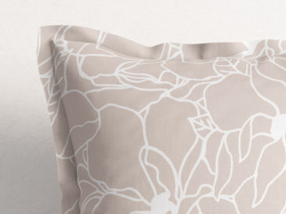 Bavlnená obliečka na vankúš s ozdobným lemom - biele kvety na svetlo béžovom