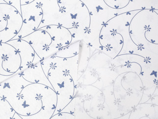 Bavlnený záves na mieru - vzor modrosivé kvietky a motýle na bielom