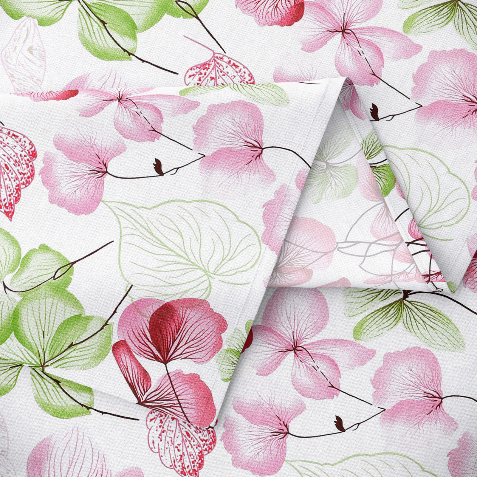 Hranatý obrus 100% bavlnené plátno - ružovo-zelené kvety s listami