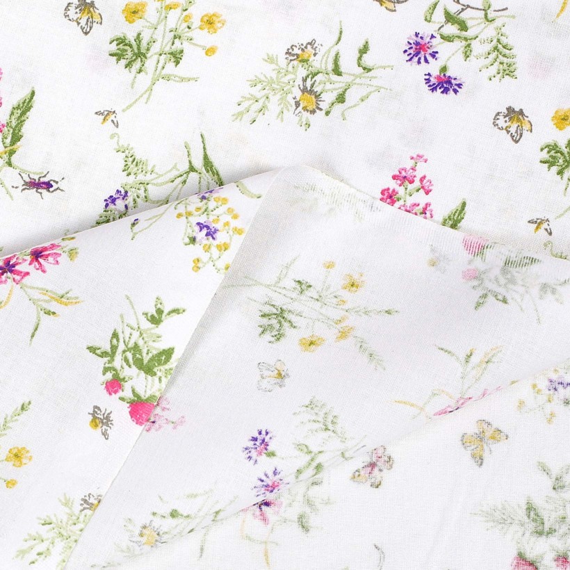 Bavlnené plátno - farebné lúčne kvety na bielom