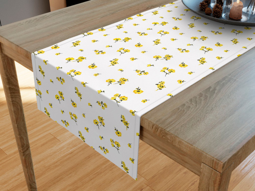 Behúň na stôl 100% bavlnené plátno - žlté kvety na bielom