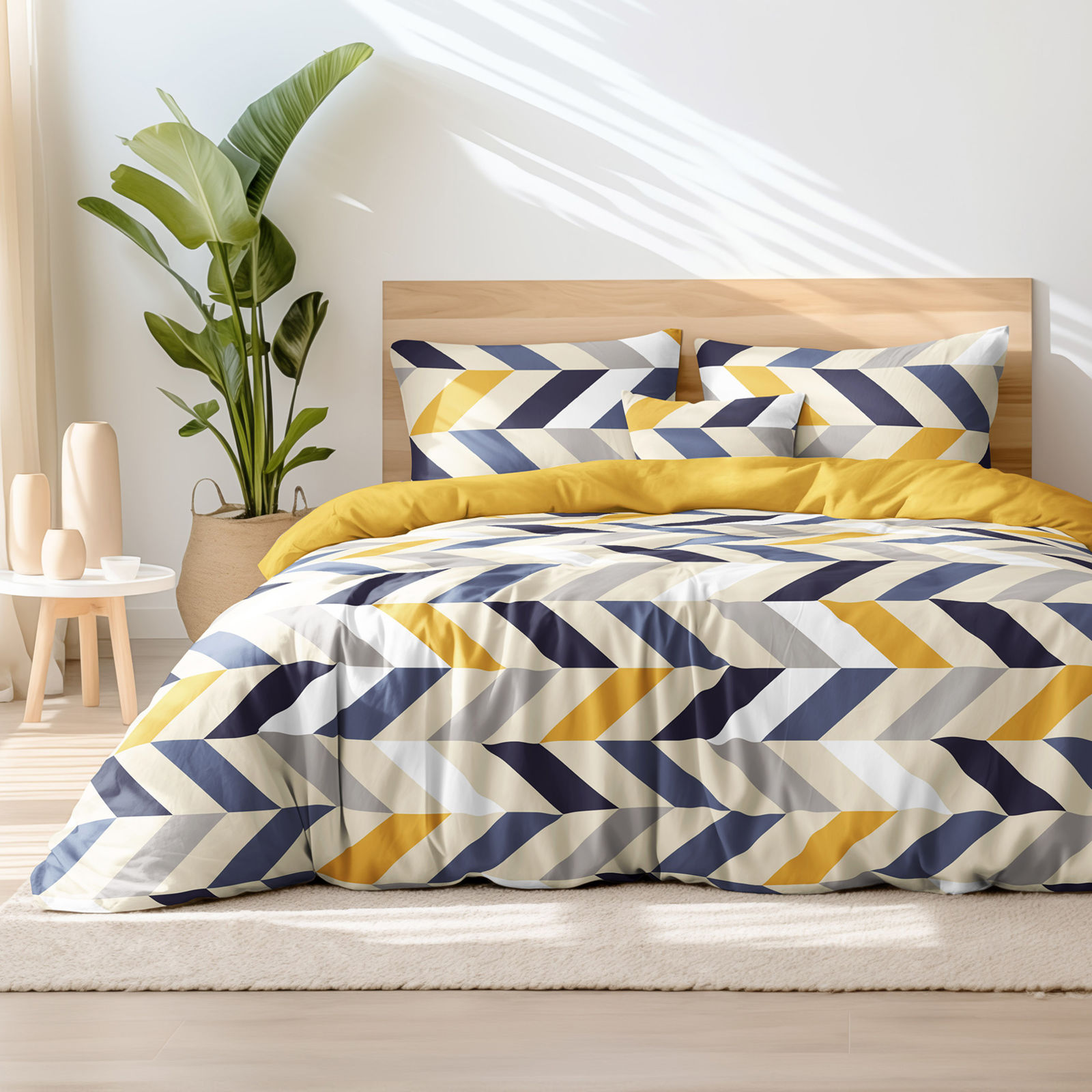Bavlnené posteľné obliečky Duo - horčicové a sivé cik-cak pruhy s medovo žltou