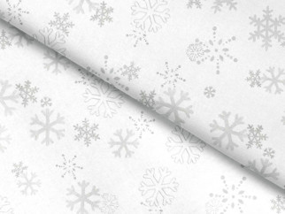 Vianočný teflónový behúň na stôl - vzor strieborné vločky na bielom