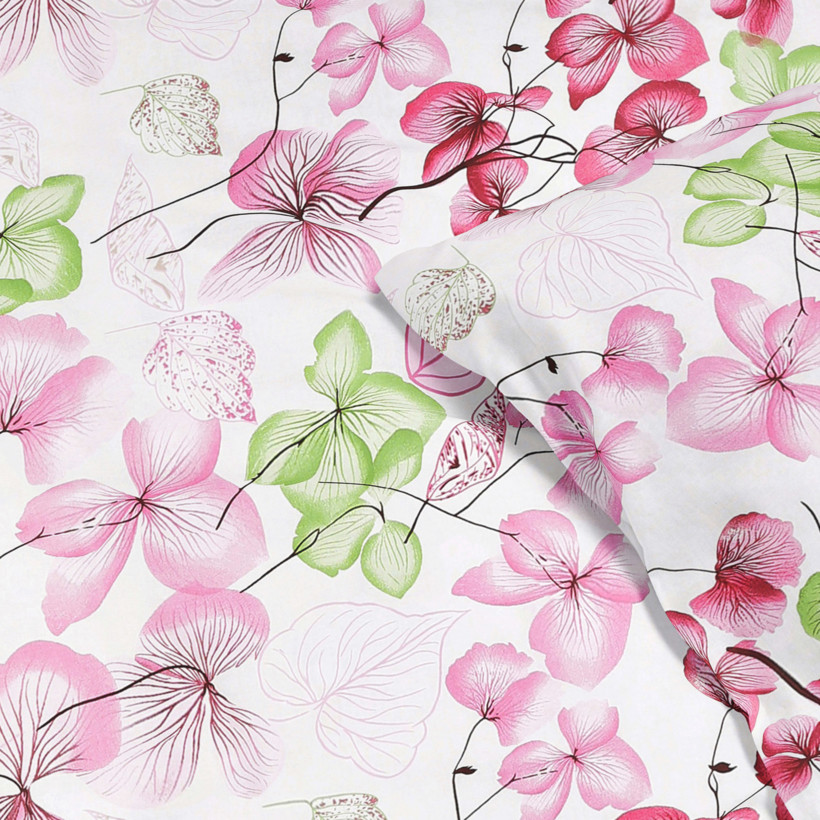 Bavlnené posteľné obliečky - ružovo-zelené kvety s listami