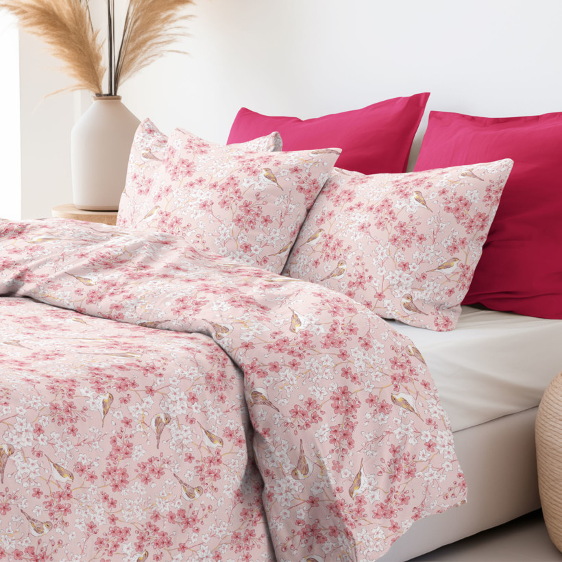 Bavlnené posteľné obliečky - vtáčiky v ružovej záhrade