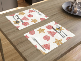 Vianočné prestieranie na stôl VERONA - vzor červené a zlaté vianočné symboly na bielom - sada 2ks