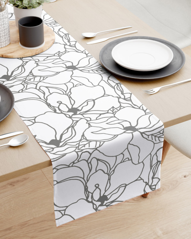 Behúň na stôl 100% bavlnené plátno - tmavo sivé kvety na bielom