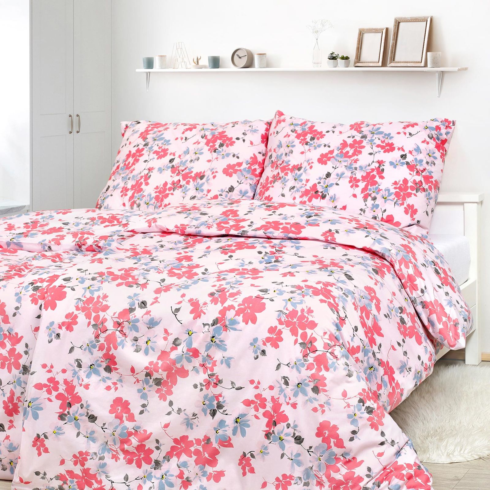 Bavlnené posteľné obliečky - ružové a modrosivé kvety