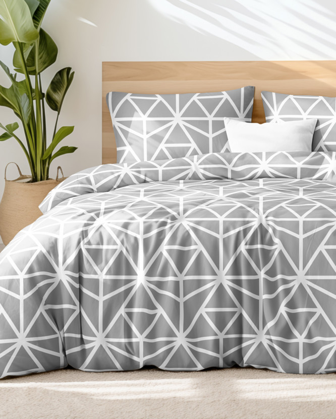 Bavlnené posteľné obliečky - biele geometrické tvary na sivom