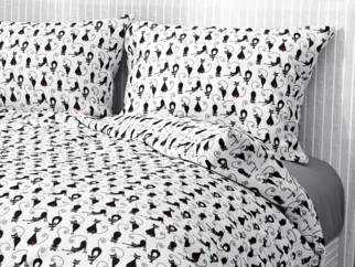 Bavlnené posteľné obliečky - vzor 533 čierne mačky na bielom