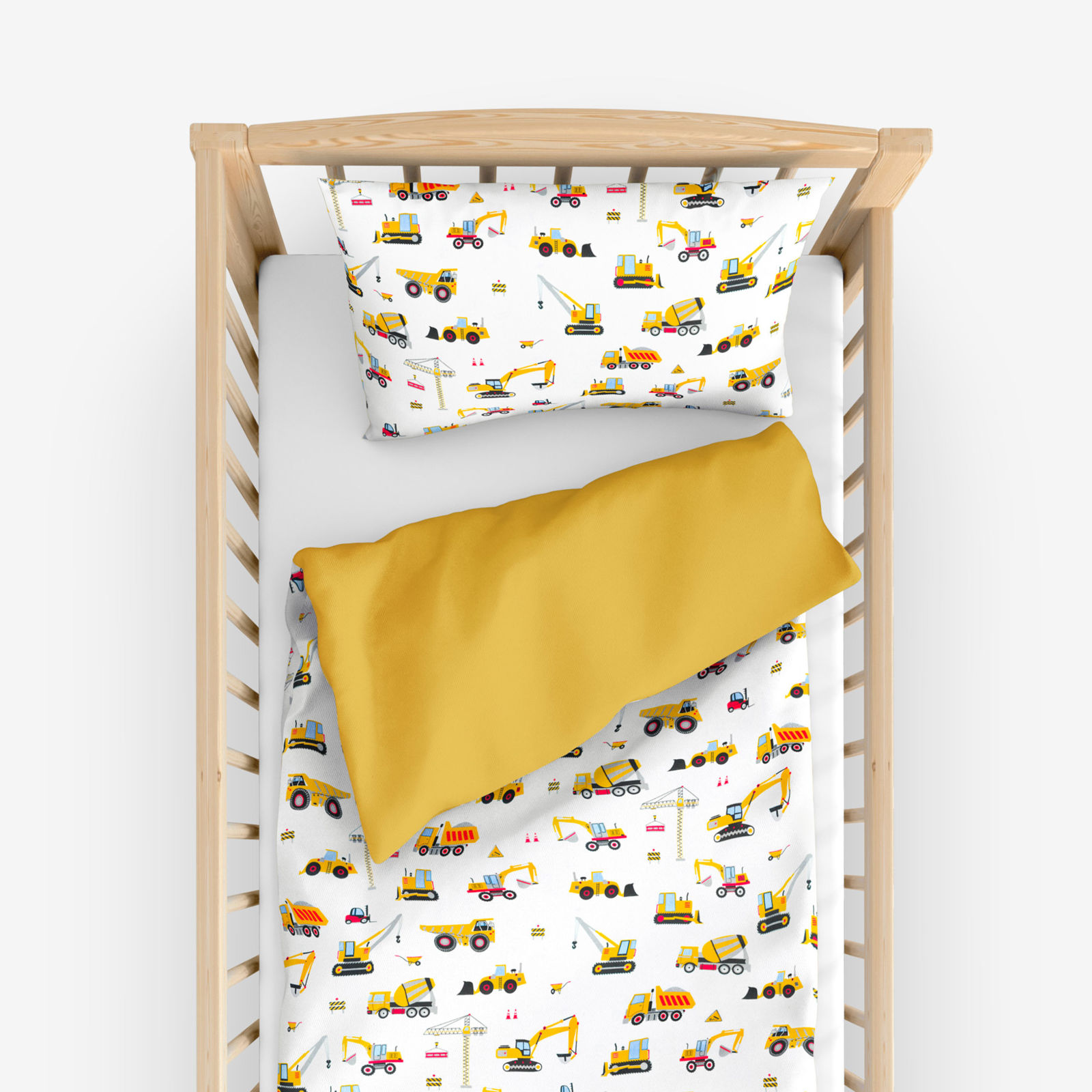 Detské bavlnené obliečky do postieľky Duo - nákladné autá a bagre s medovo žltou