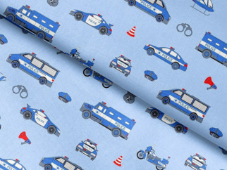 Bavlnené plátno SIMONA - policajné autá na svetlo modrom - metráž š. 160cm