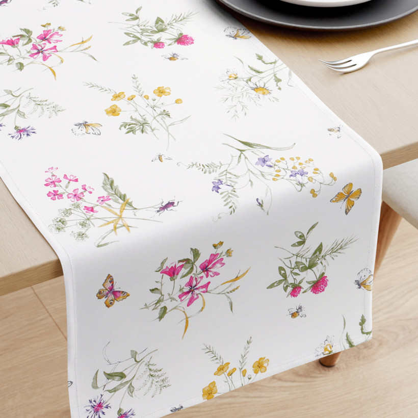Behúň na stôl 100% bavlnené plátno - farebné lúčne kvety na bielom
