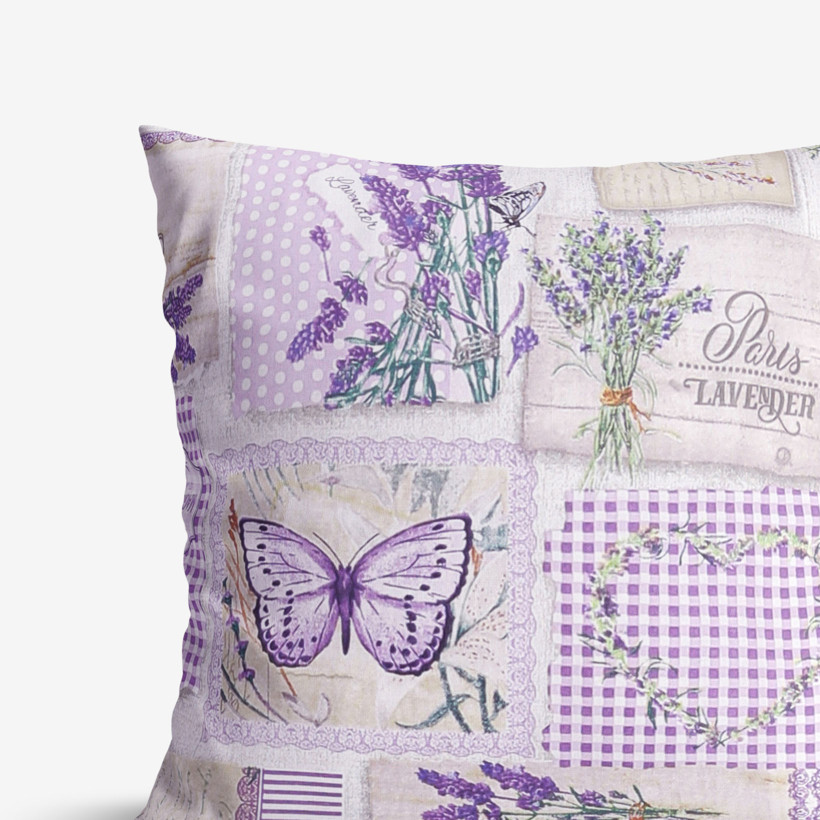 Bavlnená obliečka na vankúš - patchwork levanduľou s motýľmi