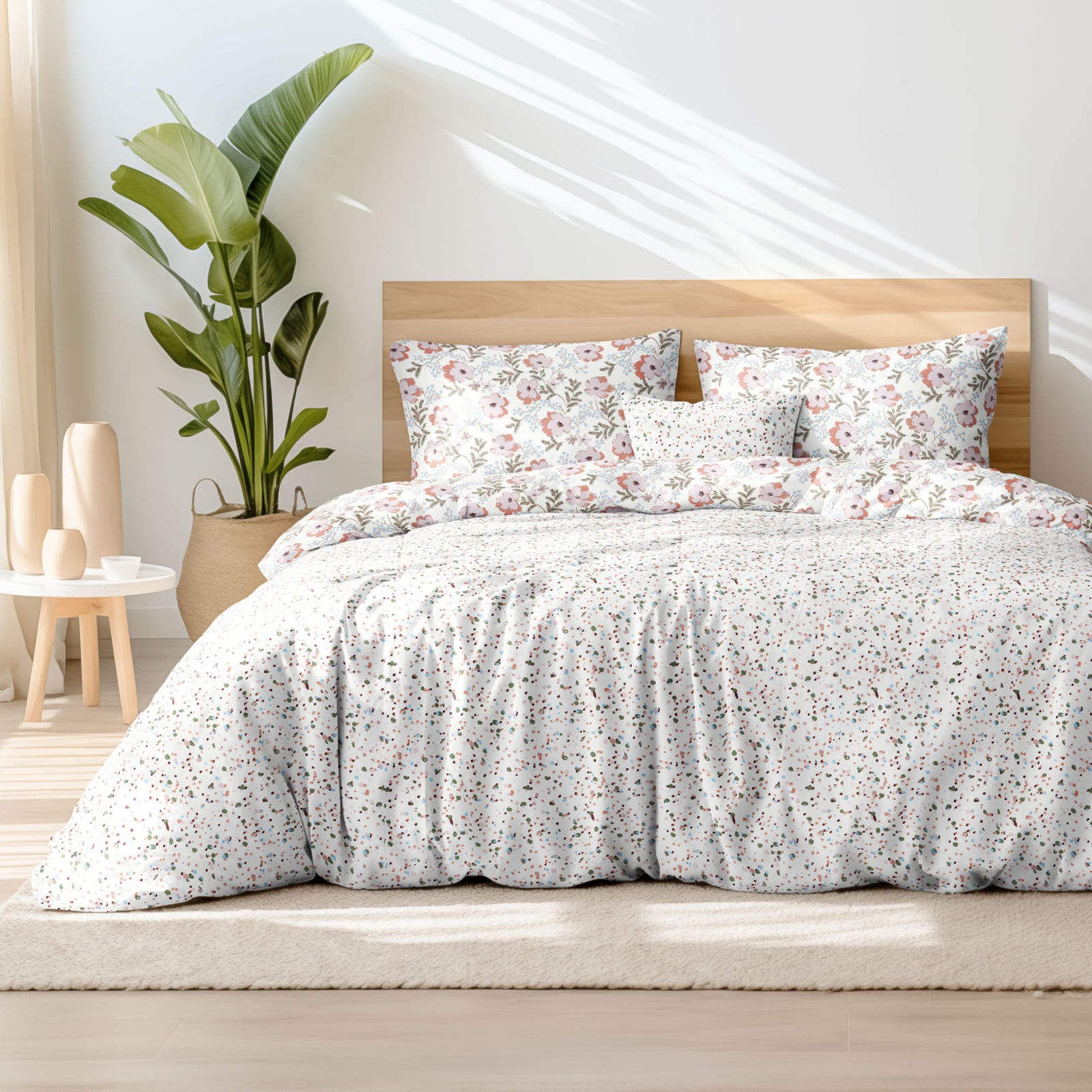 Bavlnené posteľné obliečky - sivohnedé kvety s farebnými drobnými tvarmi
