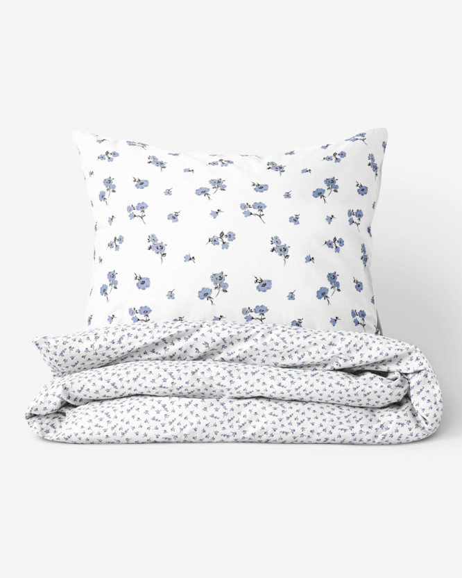 Bavlnené posteľné obliečky - sivomodré kvety a kvítí na bielom