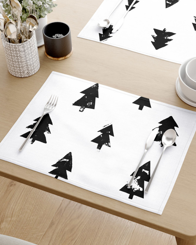 Vianočné prestieranie na stôl 100% bavlnené plátno - čierne stromčeky na bielom - sada 2ks