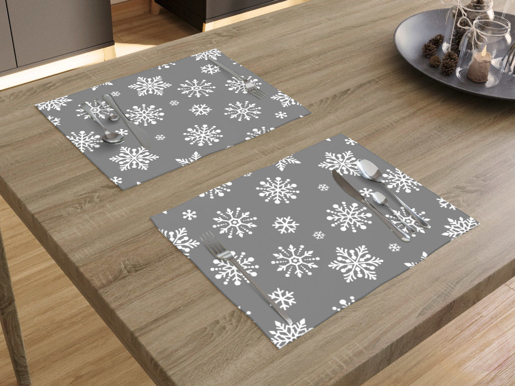 Vianočné prestieranie na stôl 100% bavlnené plátno - vločky na sivom - sada 2ks