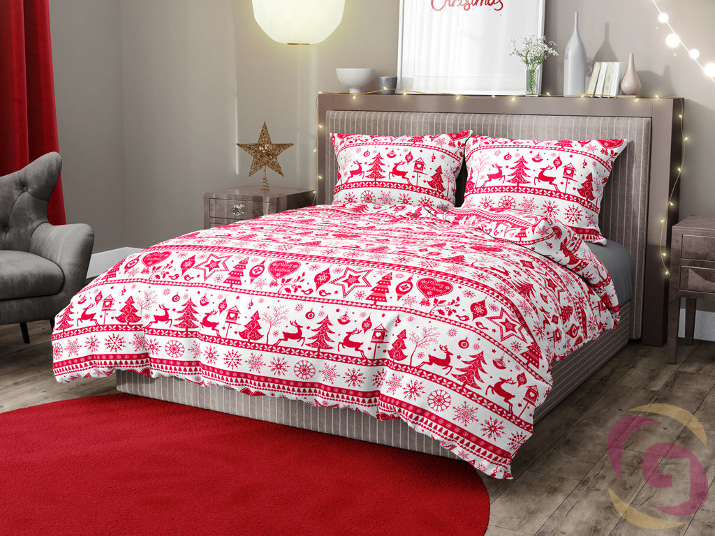 Vianočné bavlnené posteľné obliečky - vzor B-1068 červené vianočné symboly na bielom