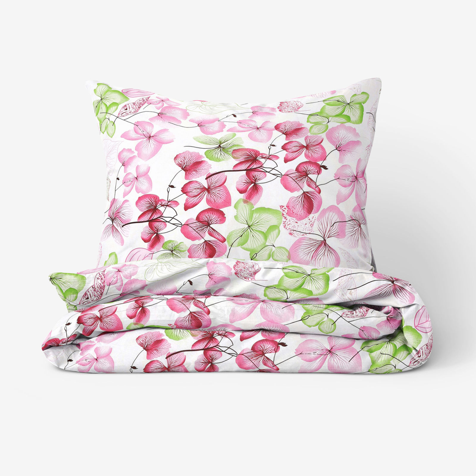 Bavlnené posteľné obliečky - ružovo-zelené kvety s listami