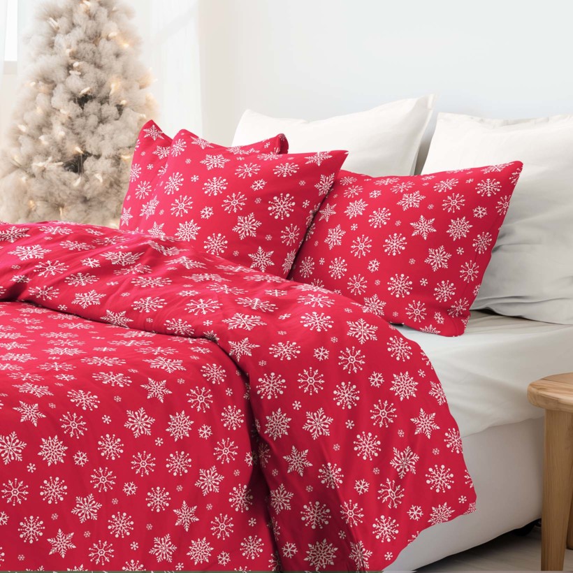 Vianočné bavlnené posteľné obliečky - vločky na žiarivo červenom