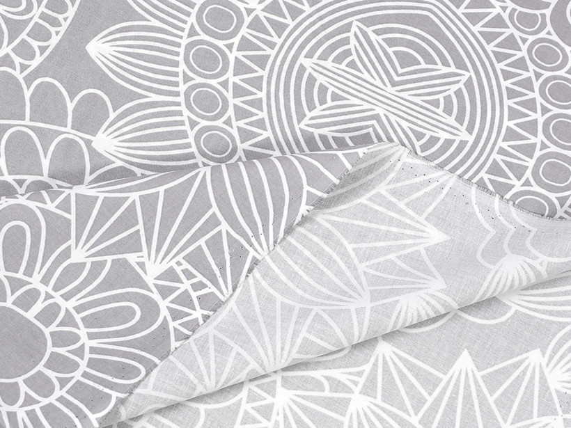 Bavlnené plátno - veľké biele mandaly na sivom