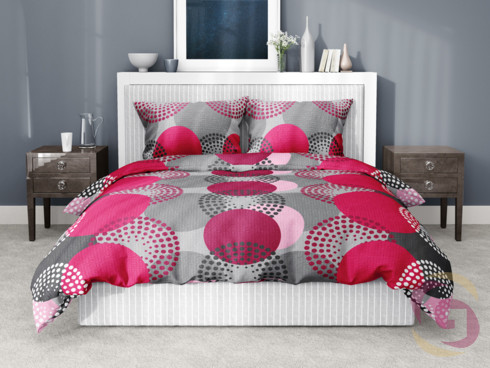 Krepové posteľné obliečky - vzor 652 vínovo červené kruhy na sivom