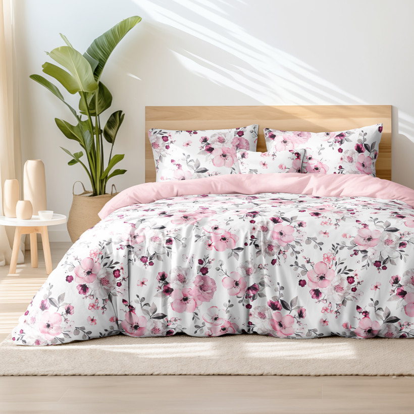 Bavlnené posteľné obliečky Duo - kvety sakury s púdrovo ružovou