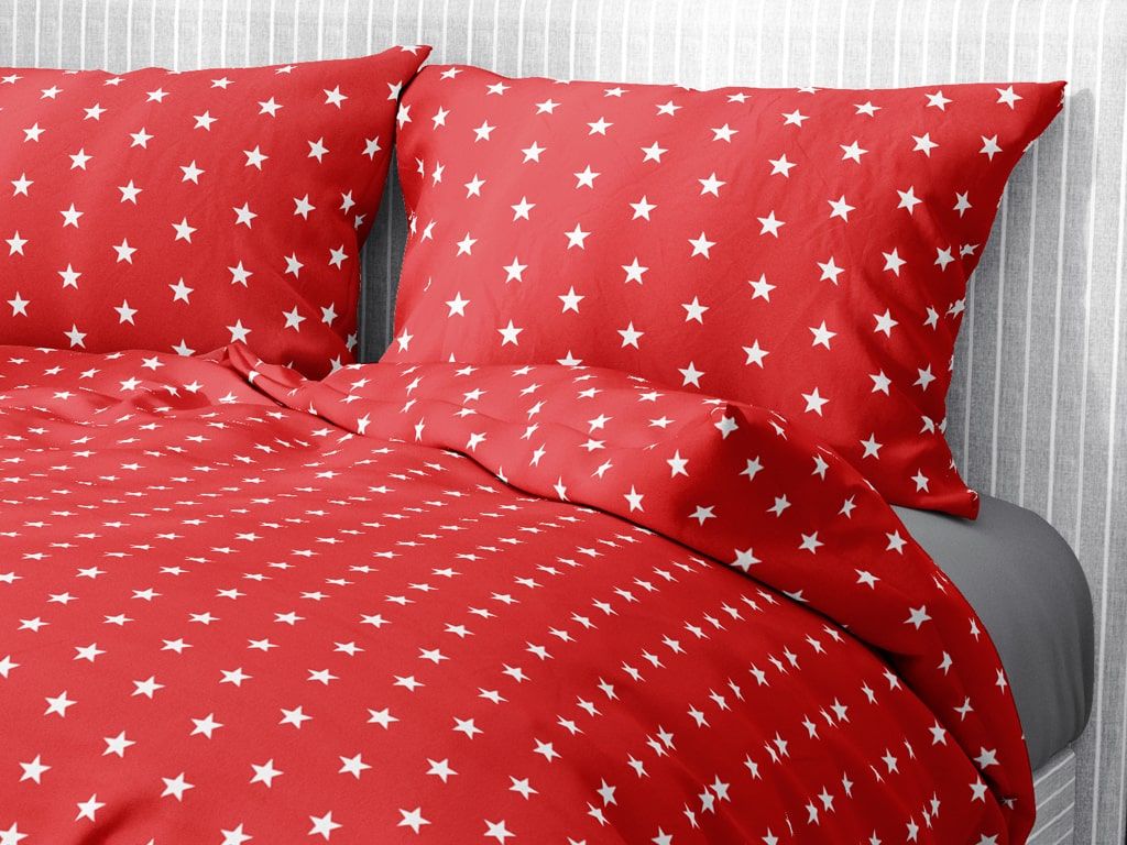 Bavlnené posteľné obliečky - biele hviezdy na červenom