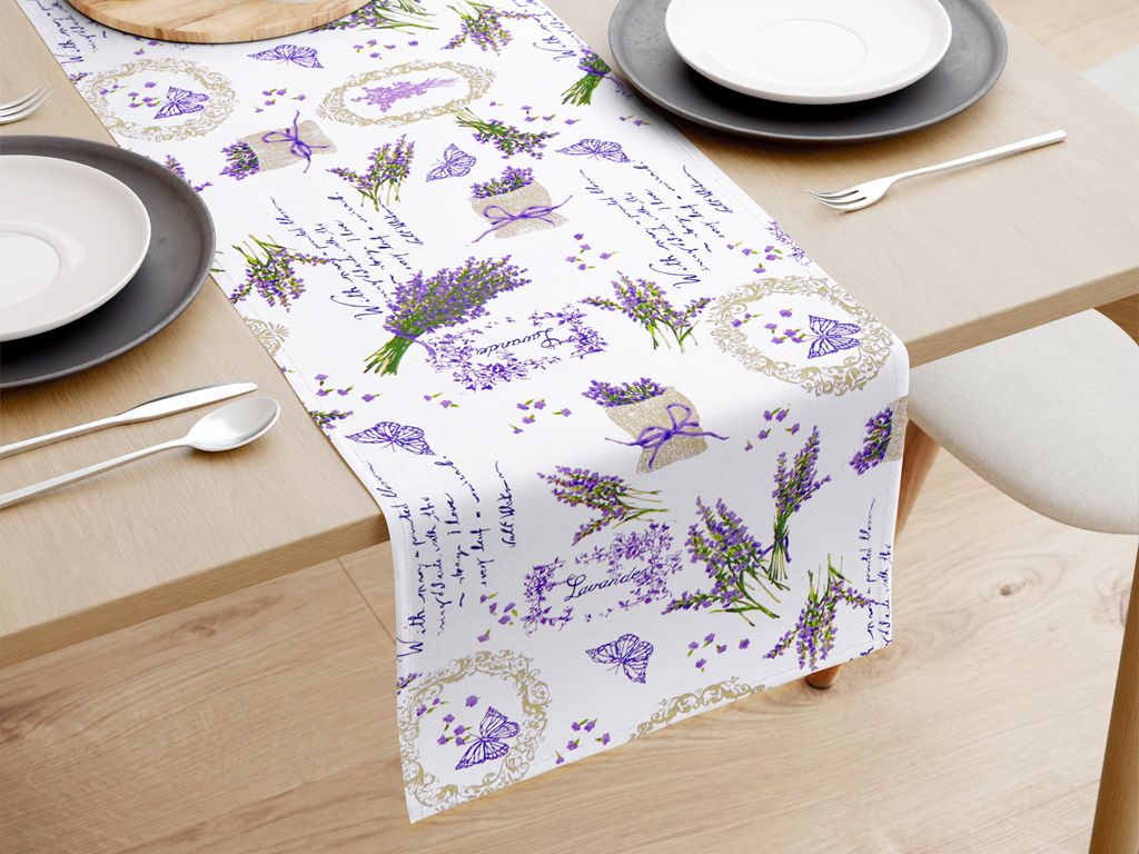 Behúň na stôl 100% bavlnené plátno - levanduľa a motýle s textami