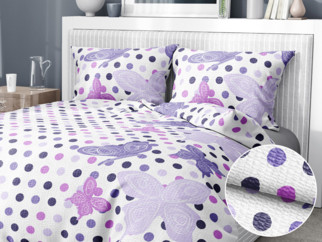 Krepové posteľné obliečky - vzor 1022 fialovejú motýle s bodkami