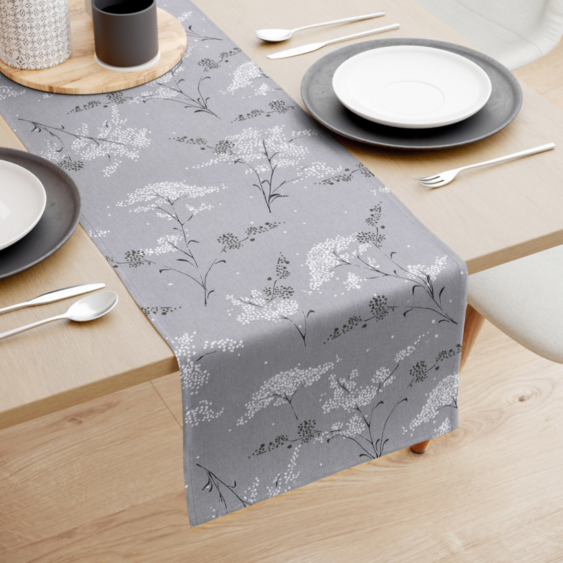 Behúň na stôl 100% bavlnené plátno - japonské kvety na sivom