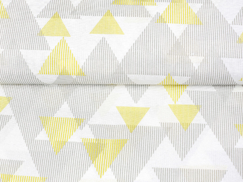 Dekoračná látka Loneta - sivé a žlté prúžkované trojuholníky