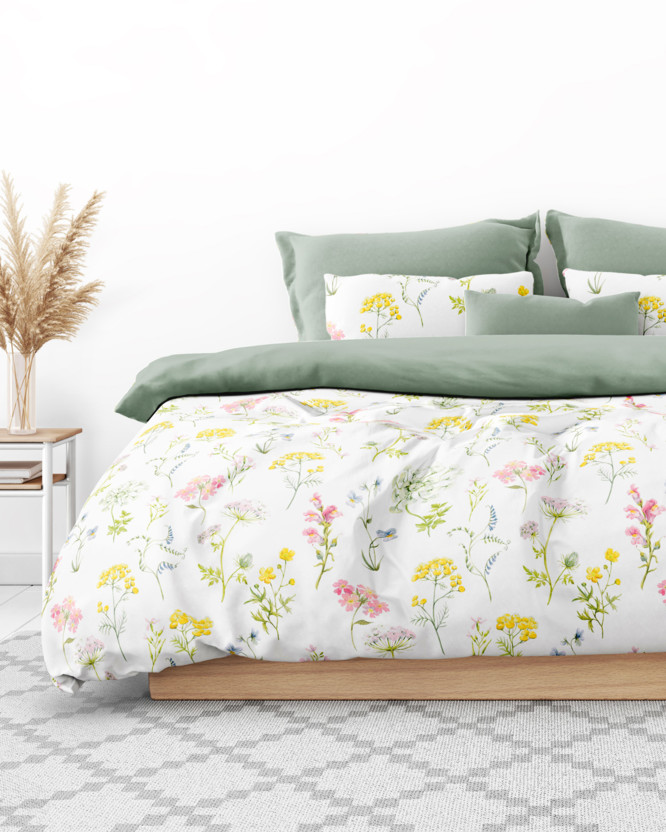 Bavlnené posteľné obliečky Duo - kvitnúca lúka s šalvejovo zelenou