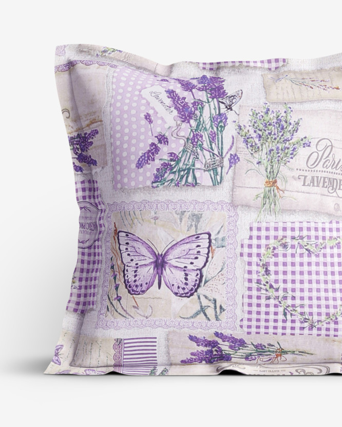 Bavlnená obliečka na vankúš s ozdobným lemom - patchwork levanduľou s motýľmi
