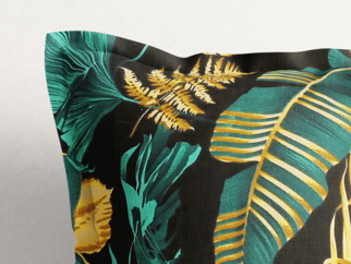 Bavlnená obliečka na vankúš s ozdobným lemom - palmové listy na čiernom