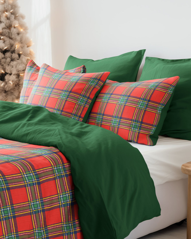 Vianočné bavlnené posteľné obliečky Duo - červené káro s tmavo zelenou