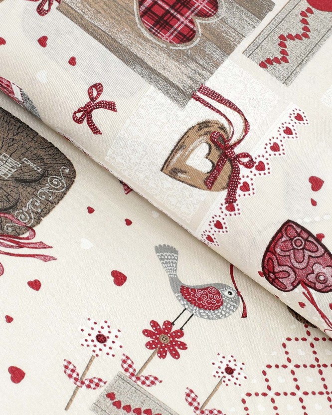 Vianočná dekoračná látka Loneta - červená srdce patchwork