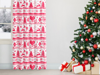 Vianočný bavlnený záves na mieru - vzor červené vianočné symboly na bielom