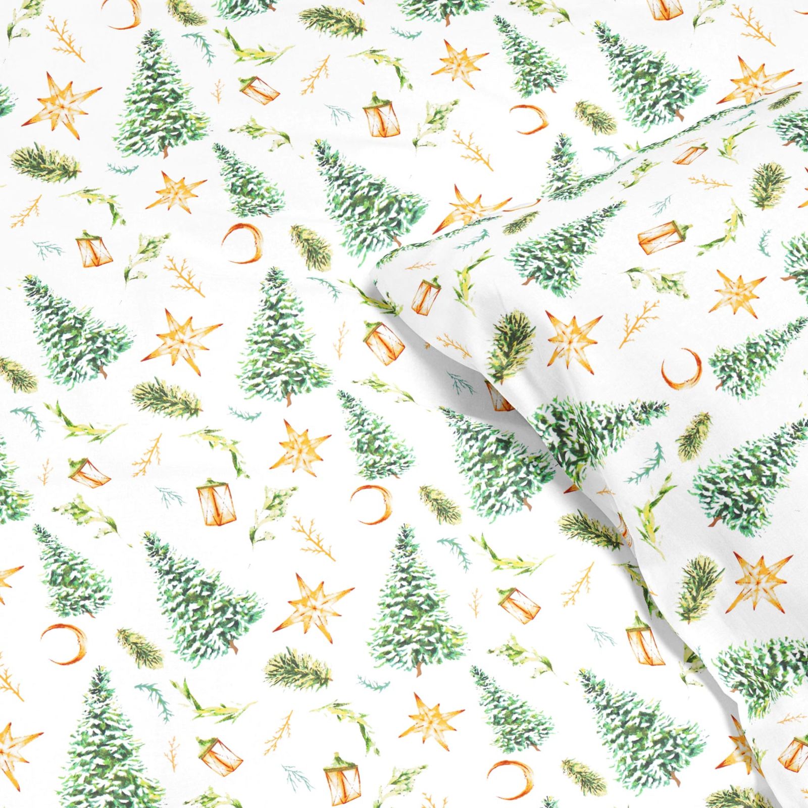 Vianočné bavlnené posteľné obliečky - stromčeky a zlaté hviezdy
