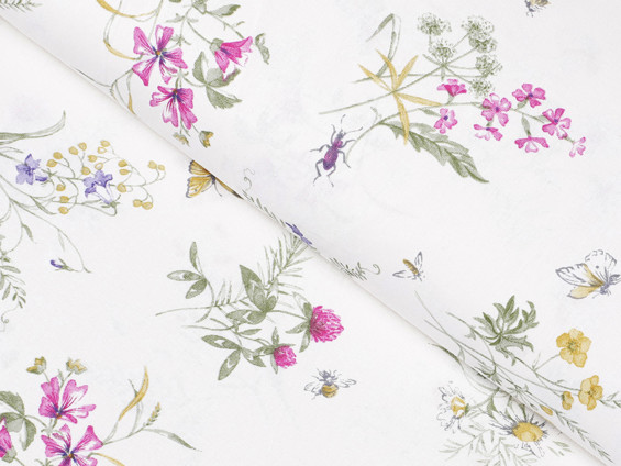 Bavlnené plátno Simona - farebné lúčne kvety na bielom - metráž š. 145 cm