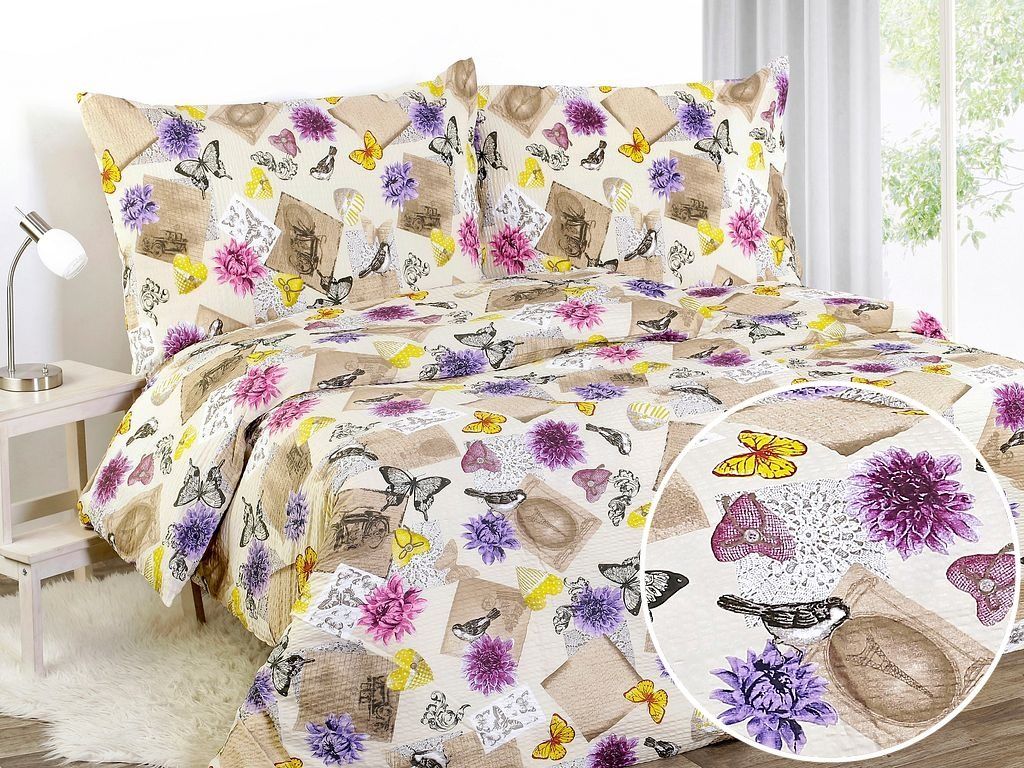 Krepové posteľné obliečky - ružové a fialové kvety