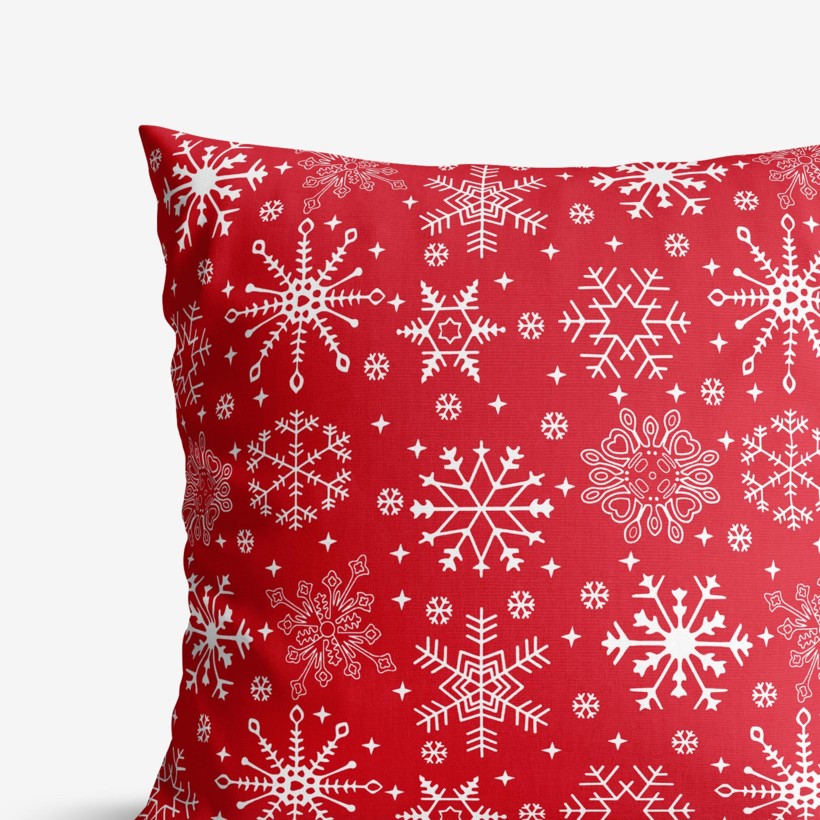 Vianočná bavlnená obliečka na vankúš - snehové vločky na červenom
