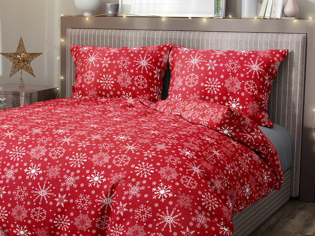 Bavlnené posteľné obliečky - snehové vločky na červenom
