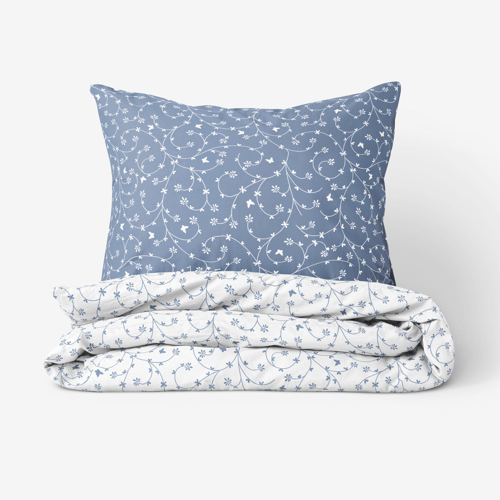 Bavlnené posteľné obliečky - kvietky a motýle s modrosivou