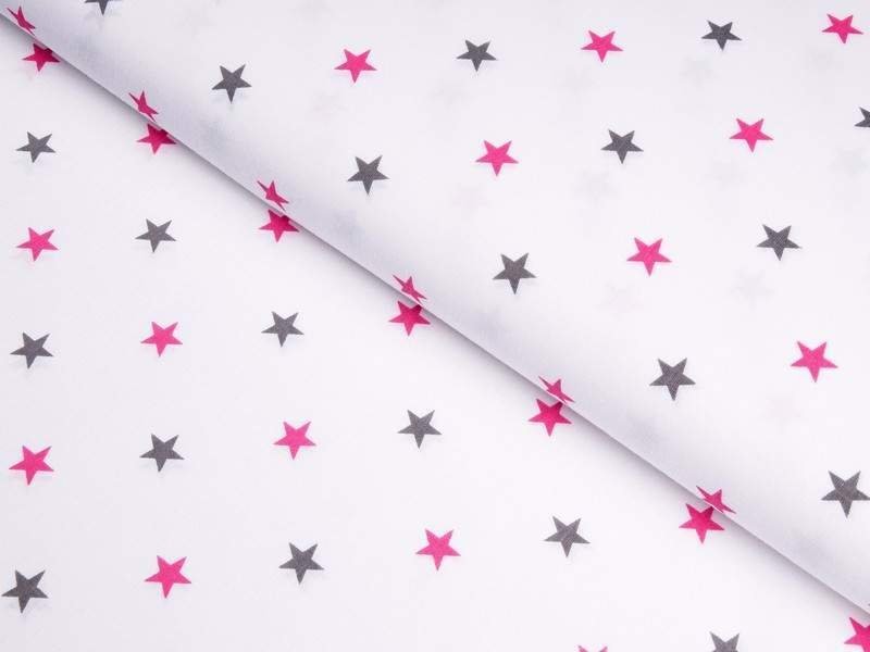 Bavlnené plátno - sivé a ružové hviezdičky na bielom