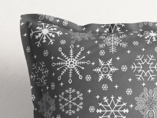 Vianočná bavlnená obliečka na vankúš s ozdobným lemom - vzor snehové vločky na sivom