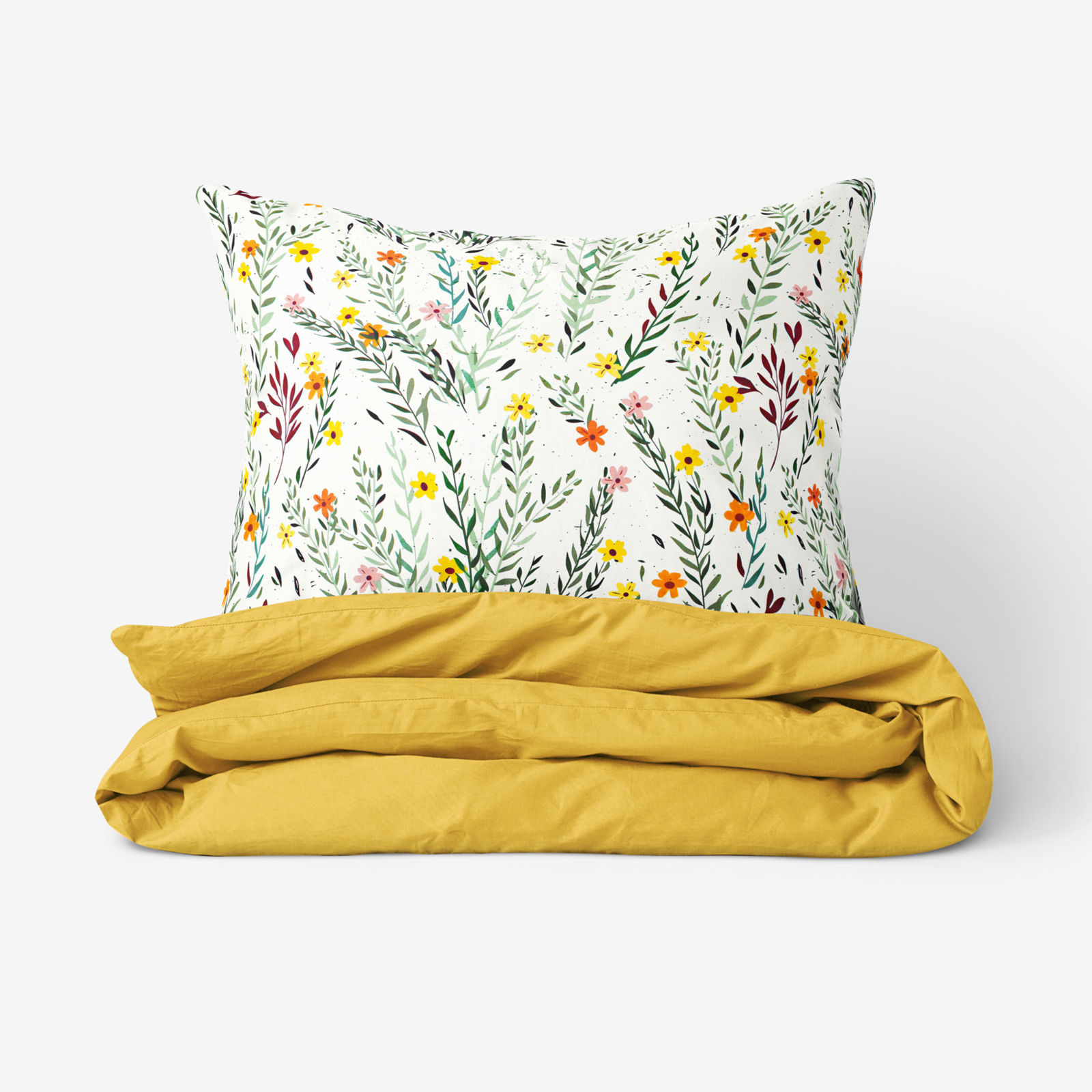 Bavlnené posteľné obliečky Duo - maľované kvety s lístkami s medovo žltou