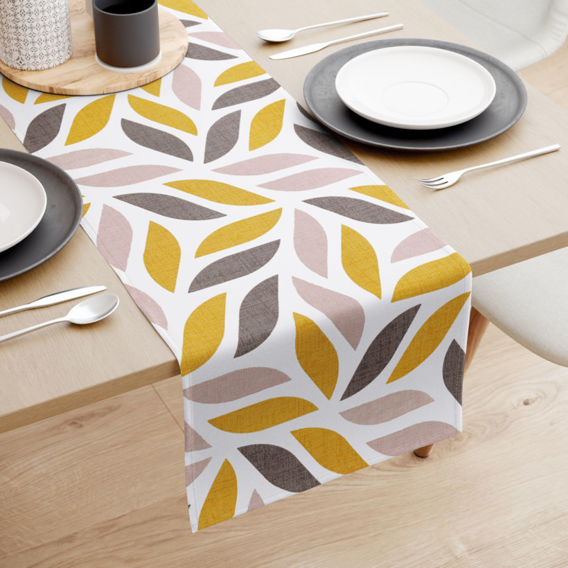 Behúň na stôl 100% bavlnené plátno - zlaté a hnedé geometrické listy