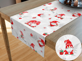 Vianočný bavlnený behúň na stôl - vzor veselí červení škriatkovia na sivom